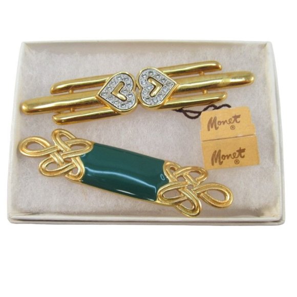 Double Heart Rhinestone Pin and Green Enamel Celtic knot Monet Brooches 2 in Lot - Picture 9 of 9